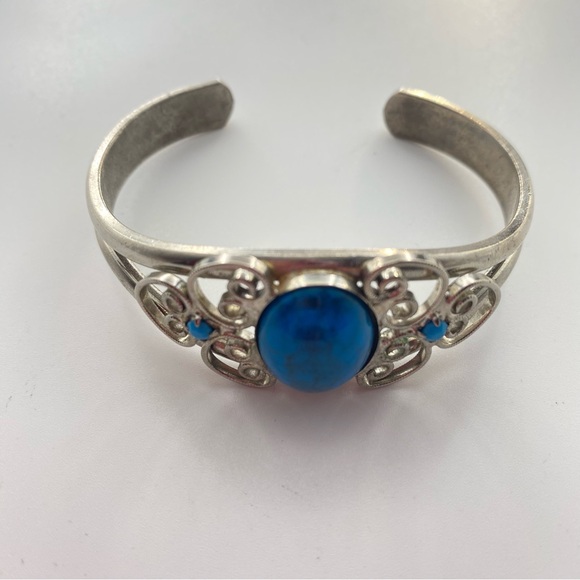 Artisan Silver tone Cuff Bracelet with Blue/Turquoise Cabachon Accents 6.5” - Picture 1 of 10